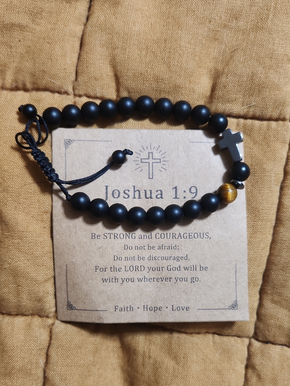 Joshua 1:9 Black Bead Men's Bracelet with Cross